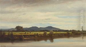 Flusslandschaft Mit Erntefeld Und Hugelkette by Edouard Auguste Imer
