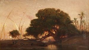 Les Grands Sycomores, Felouque, Bord Du Nil Au Crepuscule by Edouard Auguste Imer