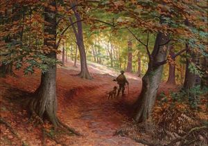 Herbstwald Mit Jager Und Hund Auf Dem Weg by Wilhelm Immenkamp