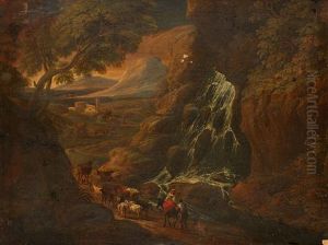 Couple De Paysans Conduisant Leur Troupeau Pres D"une Cascade by Philippe-Augustin Immenraet
