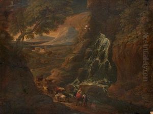 Couple De Paysans Conduisant Leur Troupeau Pres D'une Cascade by Philippe-Augustin Immenraet
