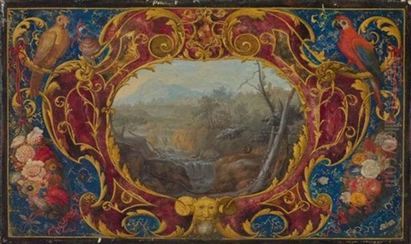 Kartusche Mit Blumenverzierung Und Zwei Papageien Um Eine Landschaft (collab. W/nicolas Robert) - view 1