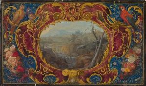 Kartusche Mit Blumenverzierung Und Zwei Papageien Um Eine Landschaft (collab. W/nicolas Robert) by Philippe-Augustin Immenraet