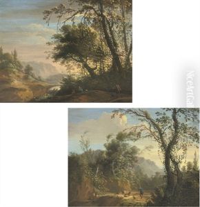 An Italianate River Landscape With Travellers (+ An Italianate Landscape With A Shepherd And His Flock; Pair) by Philippe-Augustin Immenraet