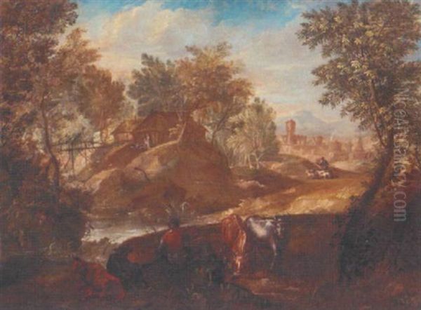 An Italianate Landscape With Herdsman And Cattle, A Town Beyond - view 1