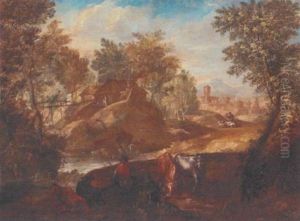 An Italianate Landscape With Herdsman And Cattle, A Town Beyond by Philippe-Augustin Immenraet