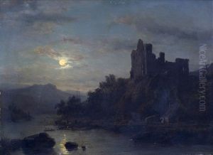 Paysage Au Rhin Avec Les Ruines D'un Chateau De La Lorelei Au Clair De Lune