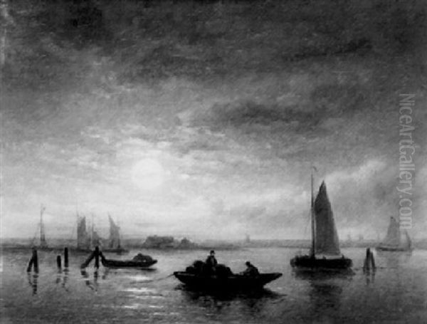 Moored Boats In A Moonlit Bay - view 1