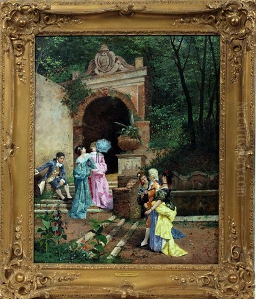Four Ladies And Two Gentleman Strolling Through A Classical Architectural Landscape - view 1