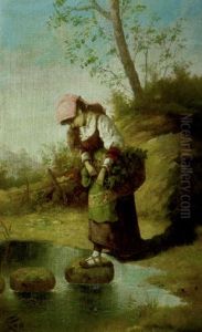 Madchen Mit Blumenkorb Am Wasser by Filippo Indoni