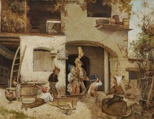 Boys Playing In Front Of A Farmhouse by Domenico Induno