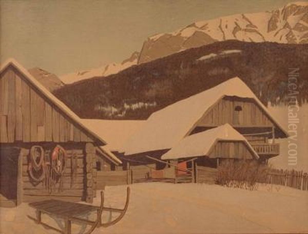 "winterlandschaft Mitbauernhauser Und Schlitten" Unten Rechts In Der Platte Signiert:otto Barth - view 1