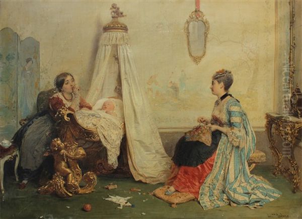 Interior Genre Scene With Two Young Women In A Nursery With Child Sleeping - view 1