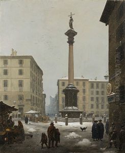 La Colonna Di S.martiniano Al Verziere Con Effetto Di Neve by Angelo Inganni