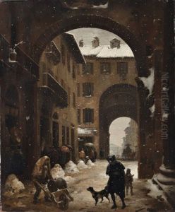 Veduta Di Porta Ticinese Con L'effetto Di Neve Cadente