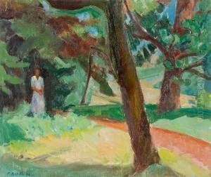 Landschaft Mit Baumen Und Einer Frau by Paul Basilius Barth