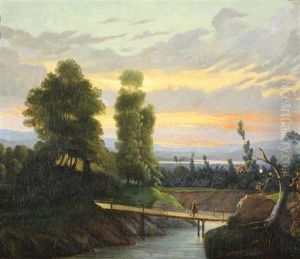 Abendliche Flusslandschaft Mit Brucke Und Figurenstaffage
