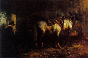 A Stable Interior With Two Horses by Hendrikus Alexander Van Ingen