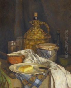 Stillleben Mit Chianti-flasche, Senftopf Und Kase by Theodor Barth
