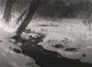 Wooded Winter Landscape With A Brook In The Foreground by John J. Inglis