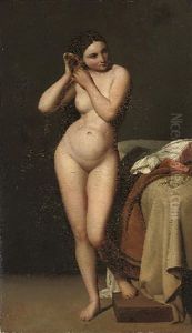 A Female Nude Removing A Pearl Earring From Her Ear, Standing By A Bed by Jean Auguste Dominique Ingres