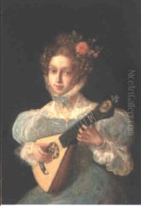 Portrait Of A Lady, Small Half Length, In A Blue Dress, Playing A Lute by Jean Auguste Dominique Ingres