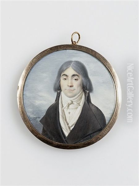 Portrait D'homme En Redingote Brun Gris, Chemise Et Gilet Blancs. Il Est Coiffe De Fines Meches Separees Par Une Raie Mediane Et Porte Deux Anneaux D'oreille - view 1