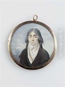 Portrait D'homme En Redingote Brun Gris, Chemise Et Gilet Blancs. Il Est Coiffe De Fines Meches Separees Par Une Raie Mediane Et Porte Deux Anneaux D'oreille