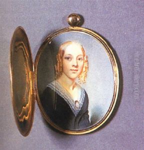 Portrait Of A Young Woman Wearing A Low-cut Black Dress With White Lace, Her Blonde Hair In Ringlets