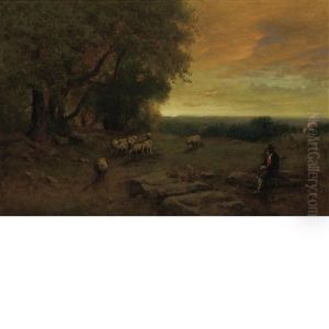 The Shepherd And Flock At Sunset, Italy by George Inness