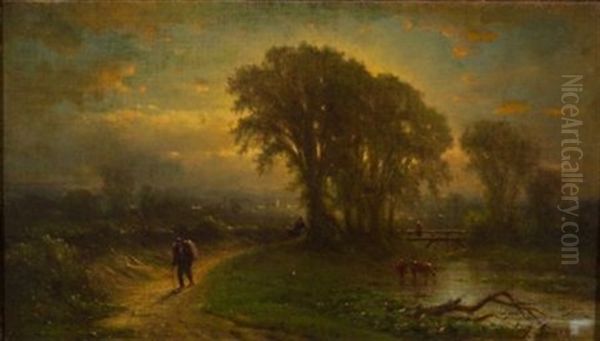 Traveler On A Country Road, Dusk - view 1