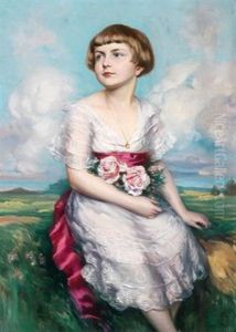 Bildnis Eines Jungen Madchens Mit Rosen Vor Landschaftshintergrund by Ferenc Innocent