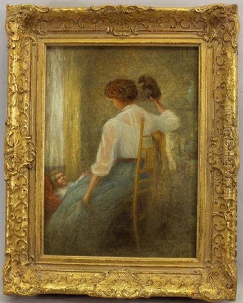 A Mother Playing With A Teddy Bear While A Child Is In Bed - view 1