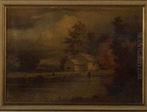Landscape With Barn And Boy Fishing In A Stream
