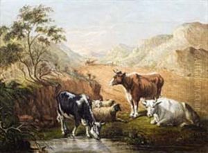 Cattle, Sheep, Ox-wagon At Kariega River by Frederick Timpson I'Ons