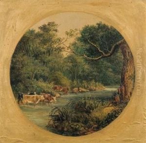 Cattle And Herders On The Riverbank by Frederick Timpson I'Ons