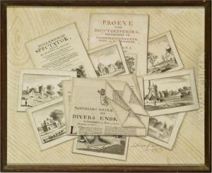 Trompe L'oeil Of Dutch Topographical Prints And Other Printed Material Arranged On A Pine Plank