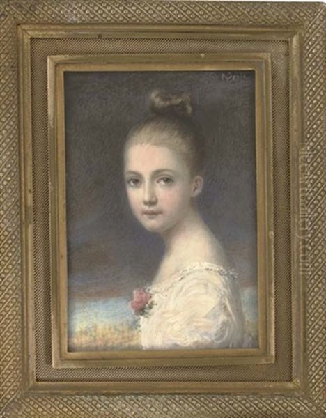A Girl, In White Dress With Lace Frill, Pink Flower And Foliage At Corsage, Her Fair Hair Upswept And Dressed In A Bun; Sky And Landscape Background - view 1