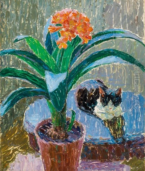Still Life With Plant And Cat - view 1