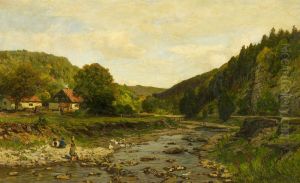 Bewaldete Flusslandschaft, Kinder Am Ufer
