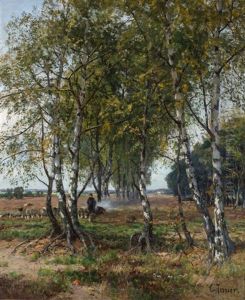 Shepherd And Flock Amongst Birch Trees by Carl Irmer