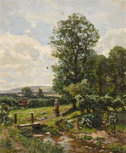 Summer Landscape With A Stream And A Young Maid