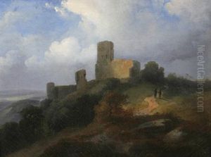 Landschaft Mit Burgruine Und Zwei Wanderern by Carl Irmer
