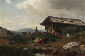 Vor Der Sennhutte Im Hochgebirge by Carl Irmer