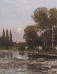 Fluslandschaft Bei Vollmond. Am Ufer Ein Geschwisterpaar. Enten Futternd