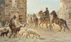 A Campagnol With His Flock Of Horses And A Shepherd With His Flock Of Sheep On Their Way Out Of A Roman City Gate