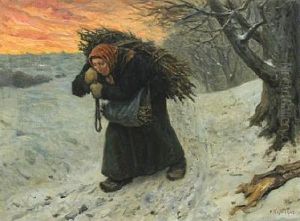 A Woman Gathering Wood In Morning Light A Woman Gathering Wood In Morning Light