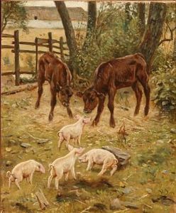 Calves And Piglets Enjoying The Danish Summer by Valdemar Irminger