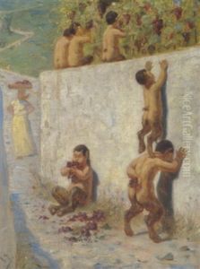 Smaa Satyrer Kravle Op Over En Mur For At Stjaele Vin