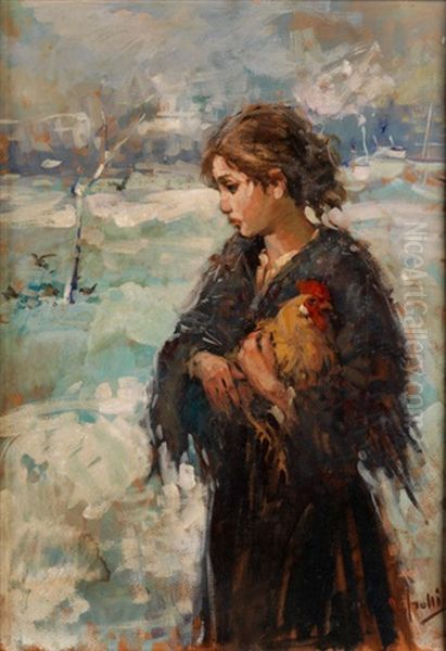 Junges Madchen Mit Huhn In Verschneiter Landschaft - view 1